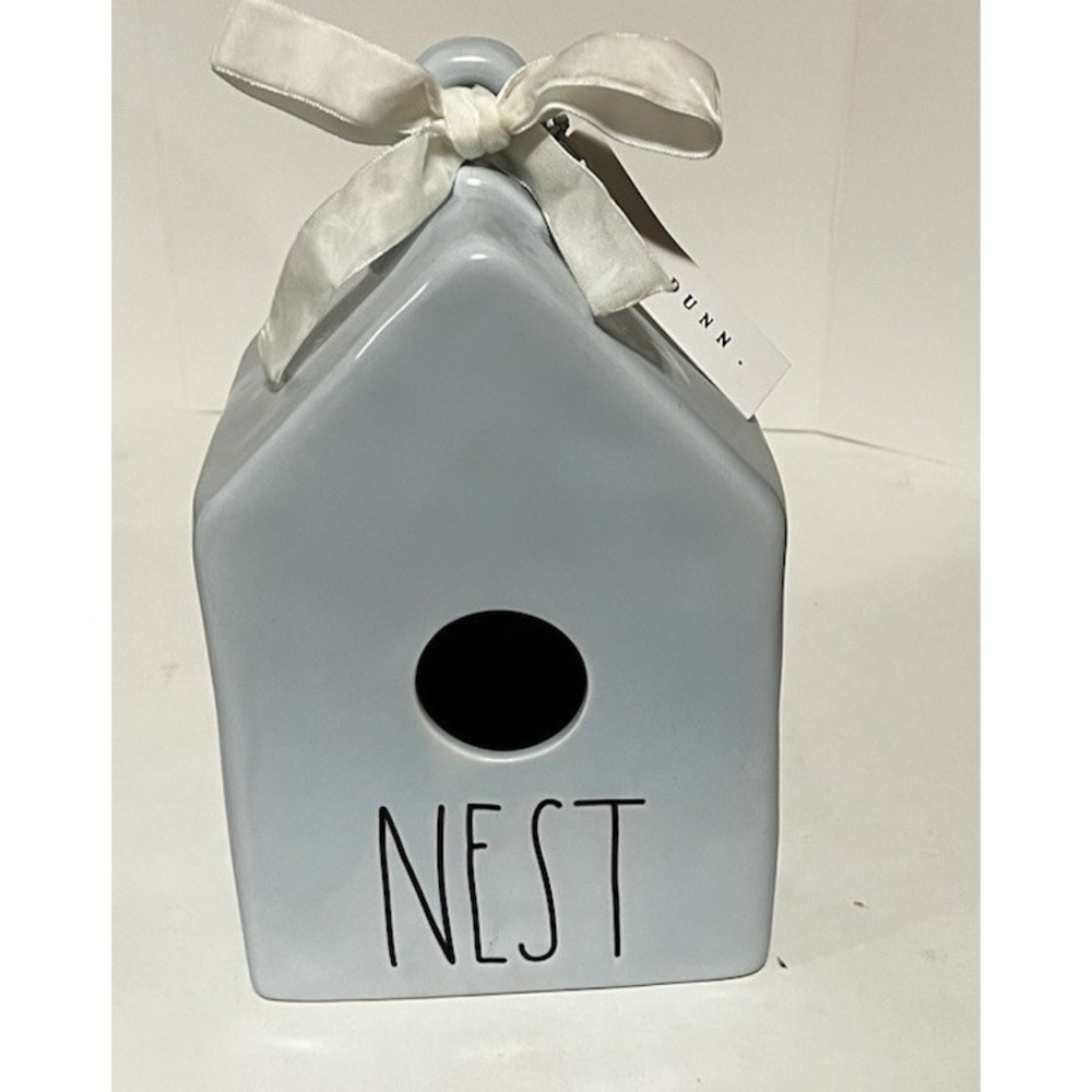 Rae Dunn Nest House Shaped Birdhouse Pale Blue With black Letters
